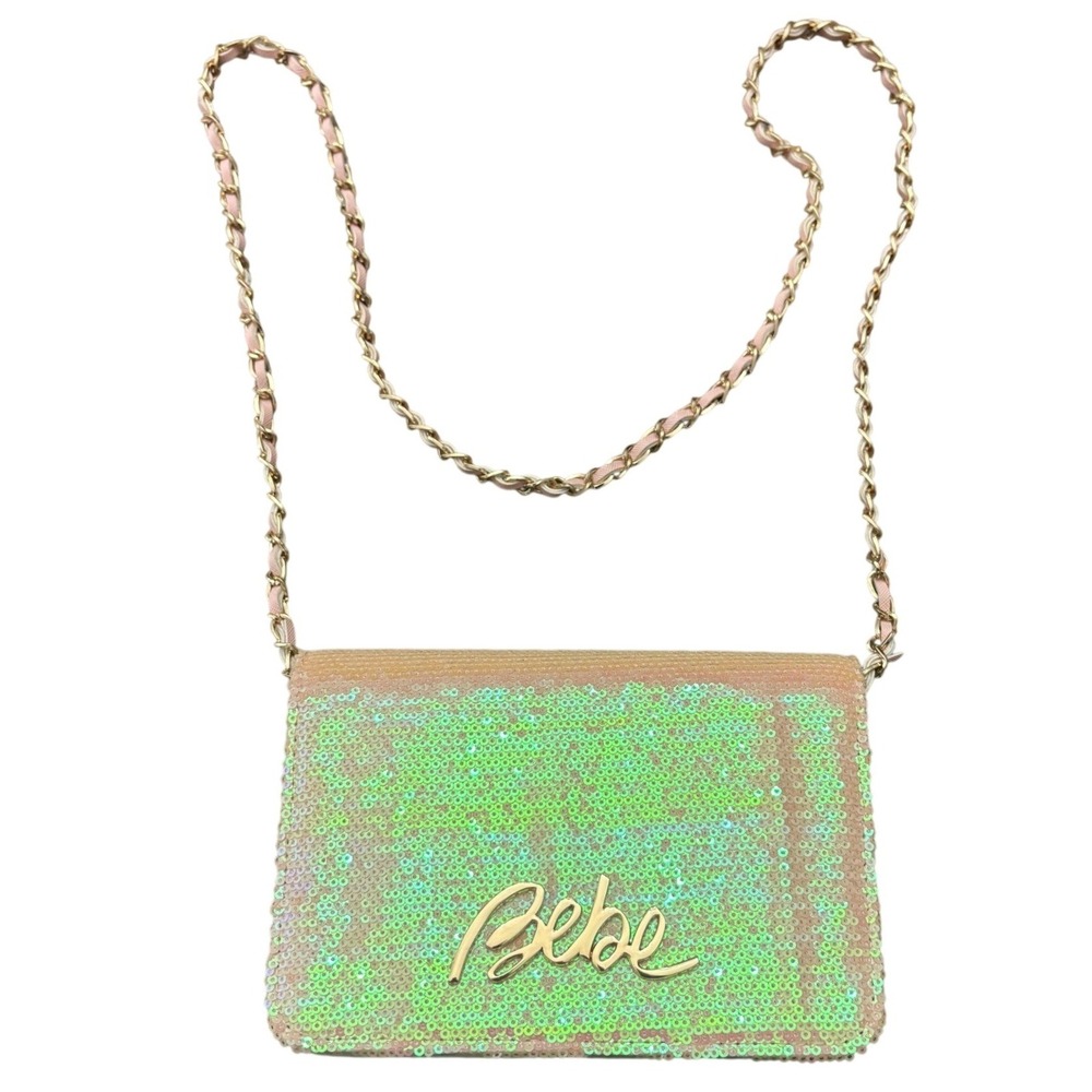 Bebe Iridescent Sequin Crossbody Bag Pink Chain Strap Flap Mini Purse Glam Y2K
